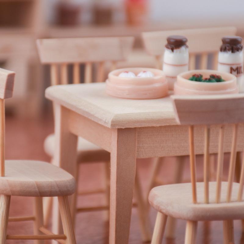 5pcs Miniature Dining Table Chair Wooden Furniture Set for 1:12 Dollhouse---Wooden Color