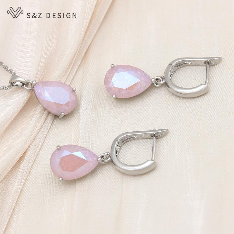 Moda kropla wody kryształowe zestawy biżuterii kolczyki w kolorze różowego złota dla kobiet modny wisiorek naszyjnik prezent