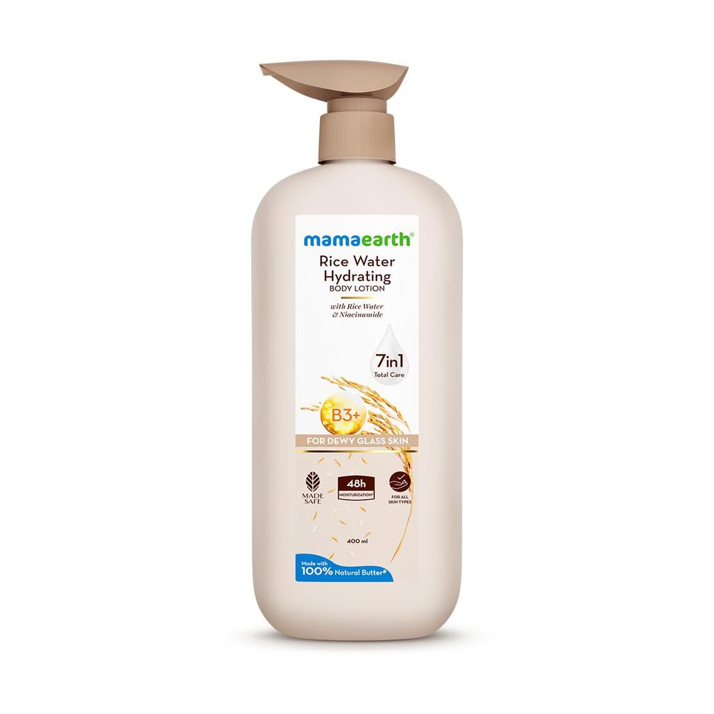 Mamaearth Rice Water Hydrating Body Lotion 400 Ml Pack of 1 for Dewy Glass Skin and Long-Lasting Moisturization