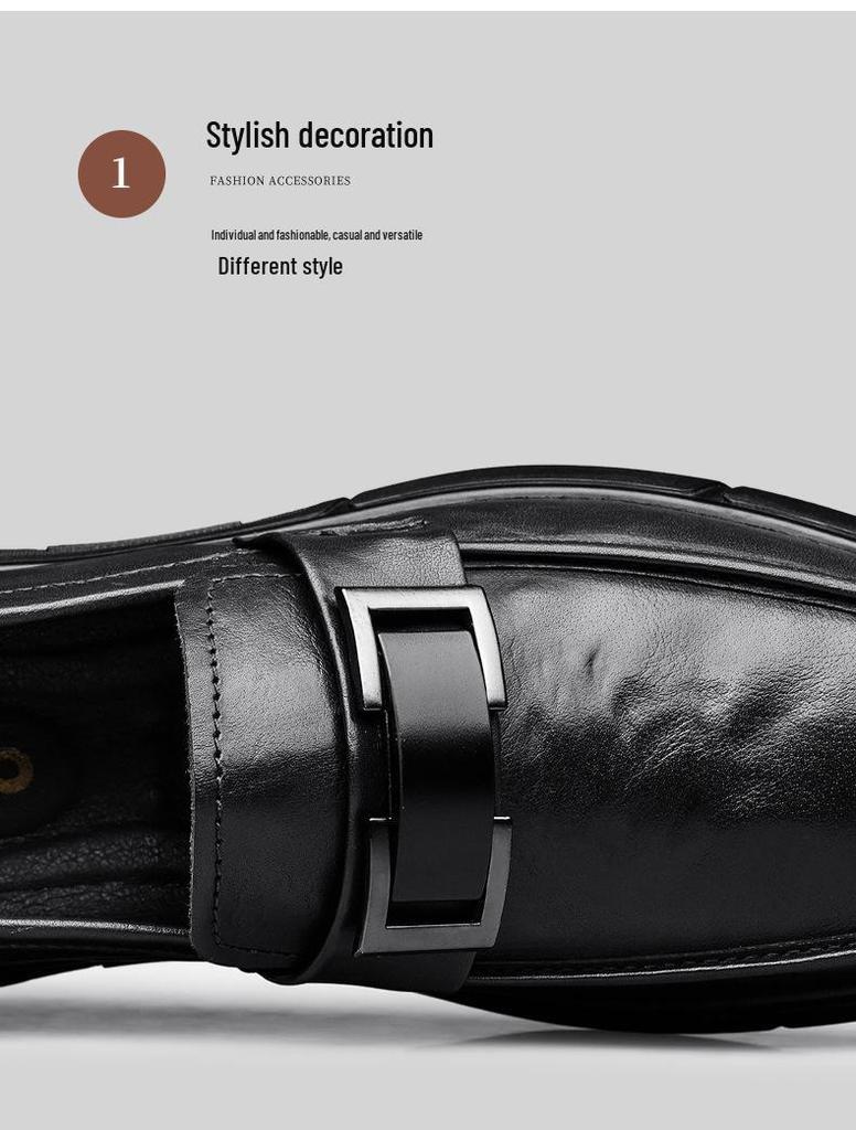 Men's British Style Cowhide Slip-On Leather Shoes: Versatile, Height-Increasing, Trendy for Casual or Wedding Wear.