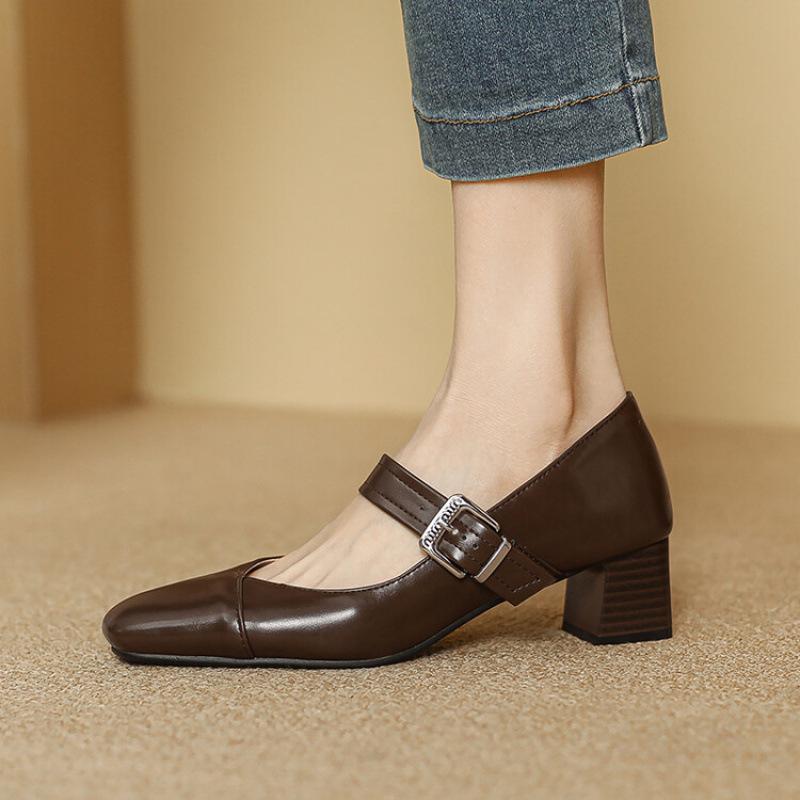 New Women's Medium-heeled Small Leather Shoes, Black Square Head, Four-season Wear, Women's Shoes, Single Shoes, Women's Feet, One Pedal, Beef Tendon
