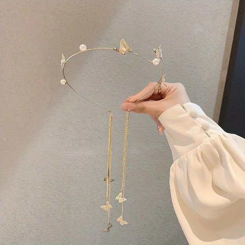 

Новая жемчужная бриллиантовая заколка-ободок с кисточкой в виде бабочки, дизайнерский ободок, ручная работа, сплав, аксессуары для волос, ободок в лесном стиле, высококлассное украшение для головы 1PCS золотой