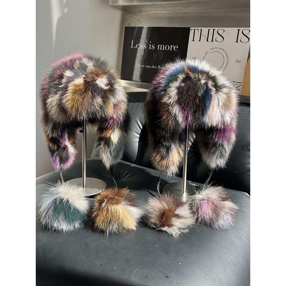 Real Fox Fur Ear Protection Hat Lei Feng Hat Cute Hairball Cold Cycling Hat Warm and Fleece Knitted Wool Hat Basin Hat