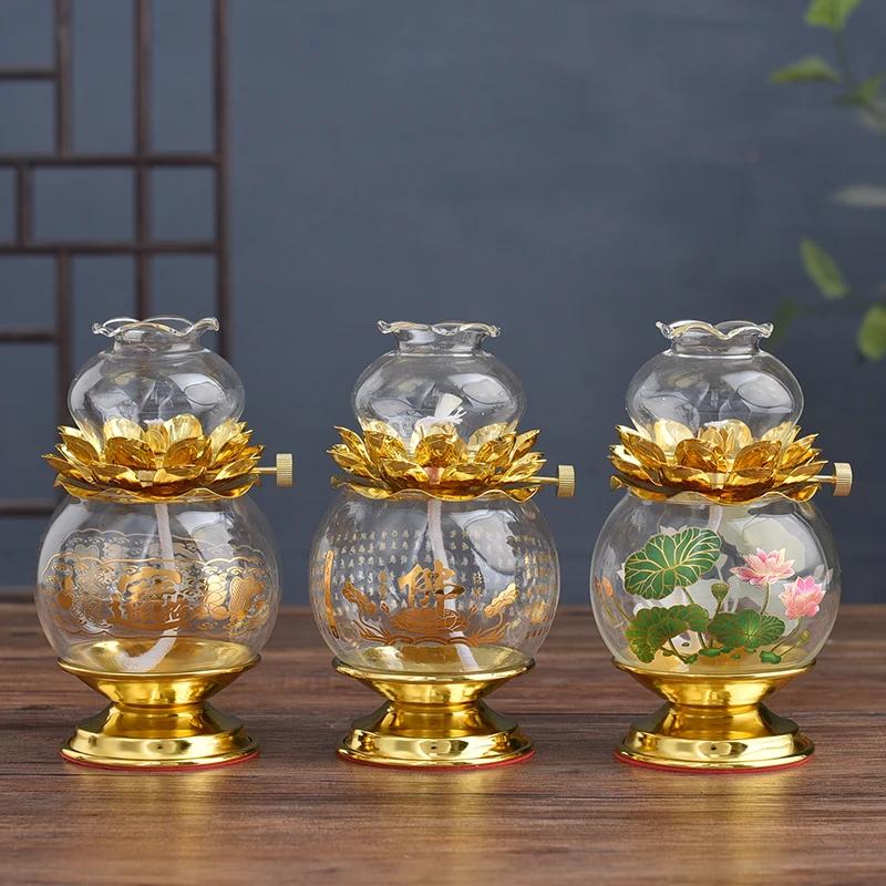 Buddha Offering Lamp, Transparent Glass Lotus Lamp, Buddha Heart Sutra Butter Lamp, Household Use, Prayer, Buddha Tools