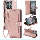 Cheaper Price for Motorola Moto G56 5G Litchi Texture Zipper Wallet Buckle Vegan Leather Phone Case with Wrist Strap