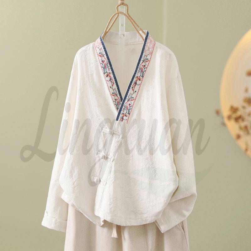 Chinese Retro Embroidered Frog Button Cotton-Linen Cardigan (Hanfu Style) for Women 2XL