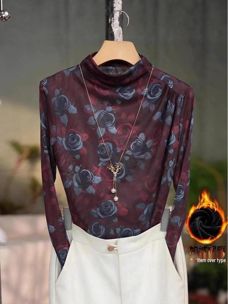 Women's Autumn/Winter High Collar Long Sleeve Printed Shirt - Casual Style