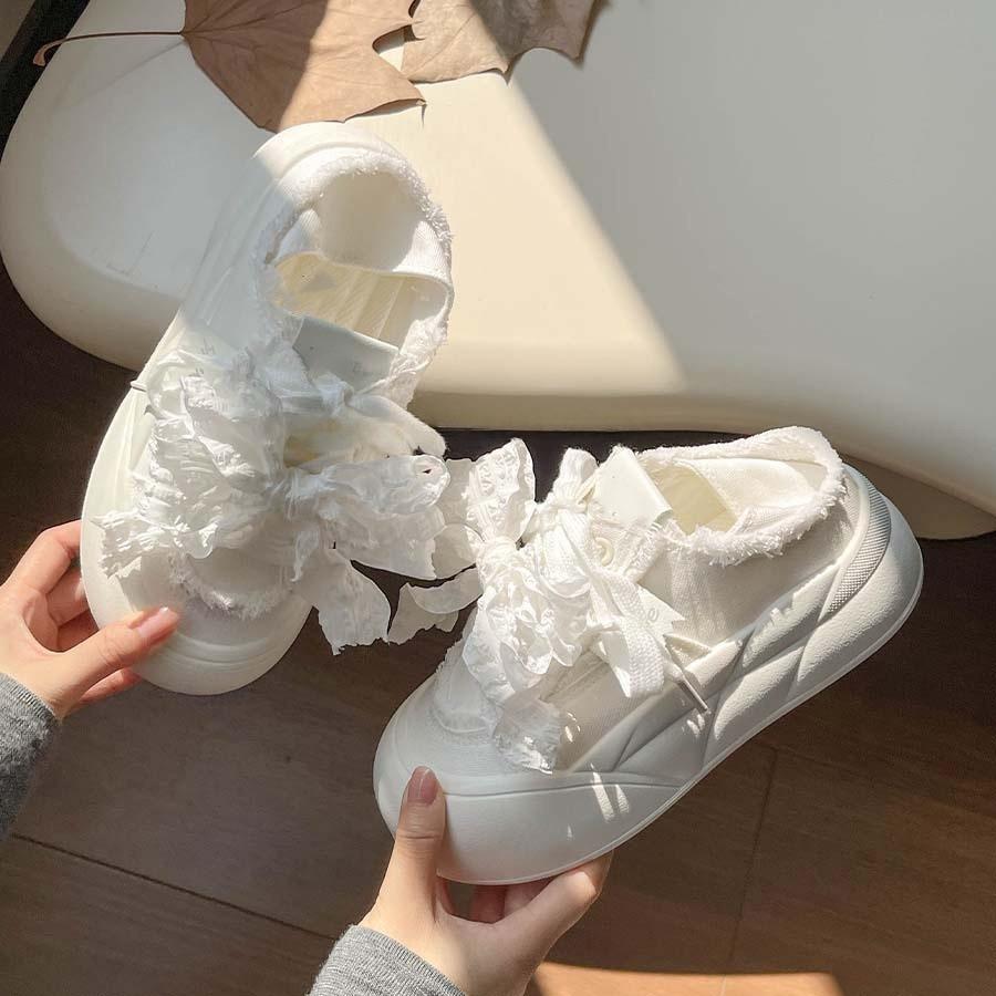 

Милый бант платформа хлеб женские осенние тонкие инс студенческие универсальные два способа носки доска обувь 40 белый