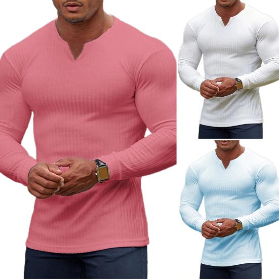 Men T-shirt Solid Color Ribbed Long Sleeve V Neck Streetwear Autumn Winter Bottoming Shirt Tee Shirt Men Clothing