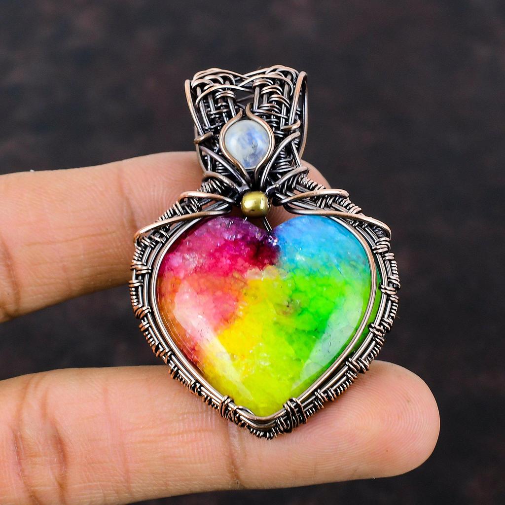 Rainbow Solar Quartz Druzy Copper Wire Wrapped Jewelry Rainbow Moonstone Pendant Copper Gemstone Pendant Handmade Wire Jewelry Gift For Her