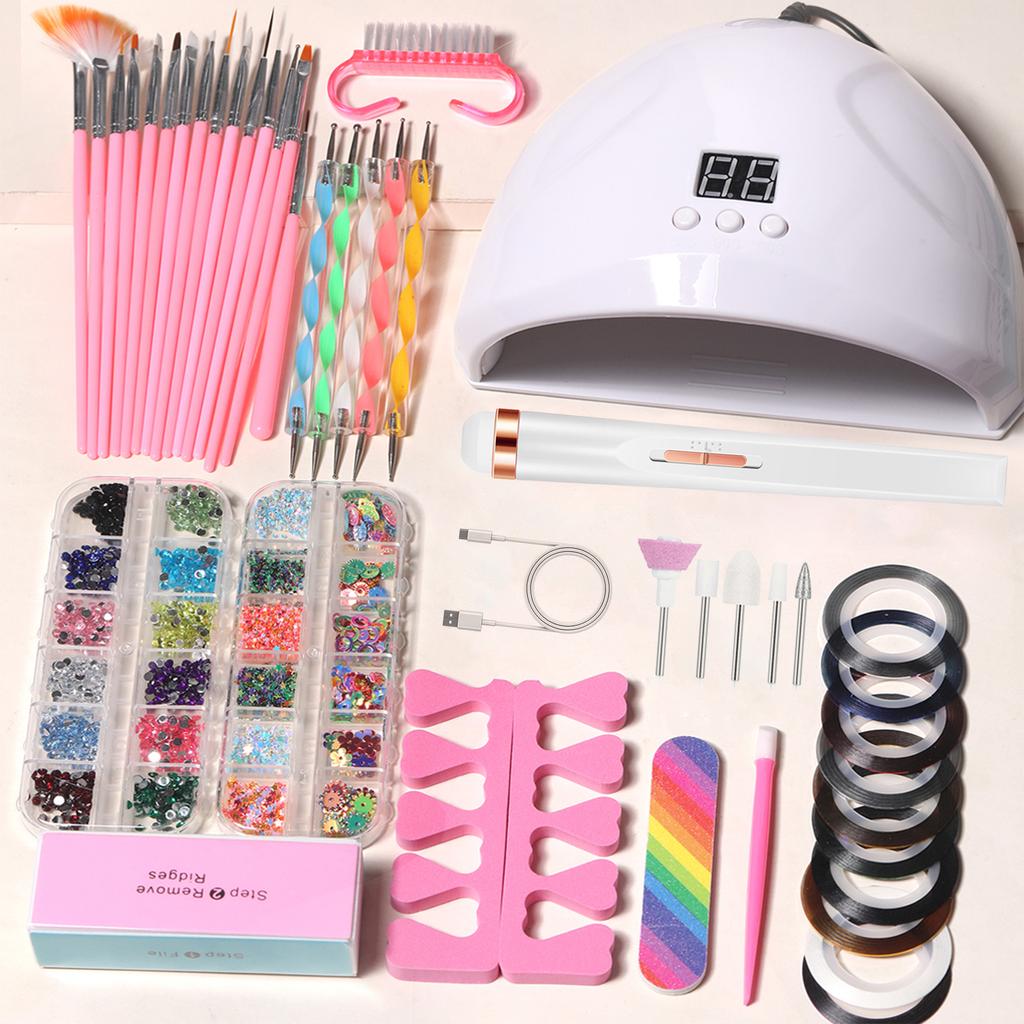YIKOOLIN 46in1 Professional Nail Art Set with UV LED Nail Lamp Dry Charging Dual Purpose Nail Drill Acrylic Starter Set