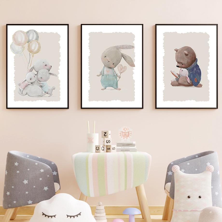 Lustiger Bär Hase Babybuch Ballon Kinderzimmer Poster Cartoon Wandkunst Druck Leinwandmalerei Baby Kinderzimmer Heimdekoration Bild