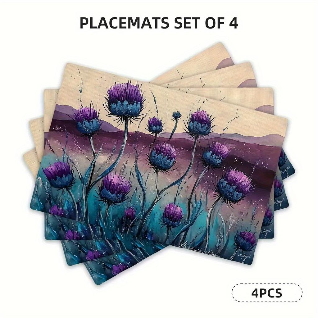 4-piece Set of Purple Thistle Placemats-elegant Scottish Thistle Pattern Suitable for Restaurant, Kitchen and Home Dining Scenes