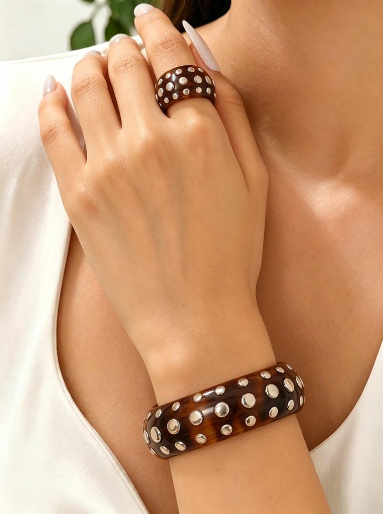 2-teiliges kreatives Metall-Durchbruch-Blatt-Armreif- & Ring-Set für Damen