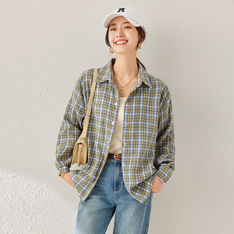 Women s Retro Green Plaid Long Sleeve Shirt One Size