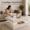 LED-Couchtisch mit Stauraum, 2-stufiger moderner Mitteltisch mit offenem Fach und Fernbedienung für das Wohnzimmer, Hochglanz Weiß