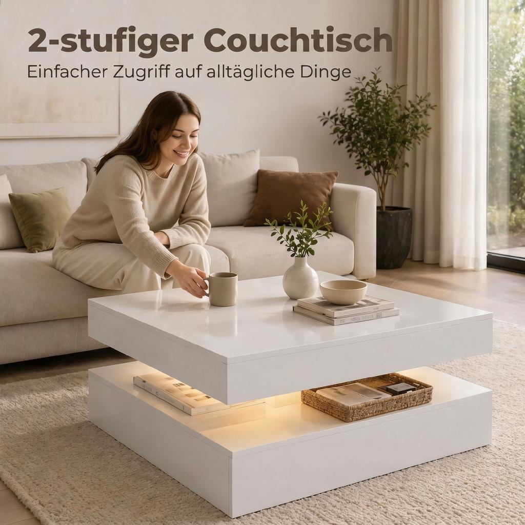 LED-Couchtisch mit Stauraum, 2-stufiger moderner Mitteltisch mit offenem Fach und Fernbedienung für das Wohnzimmer, Hochglanz Weiß