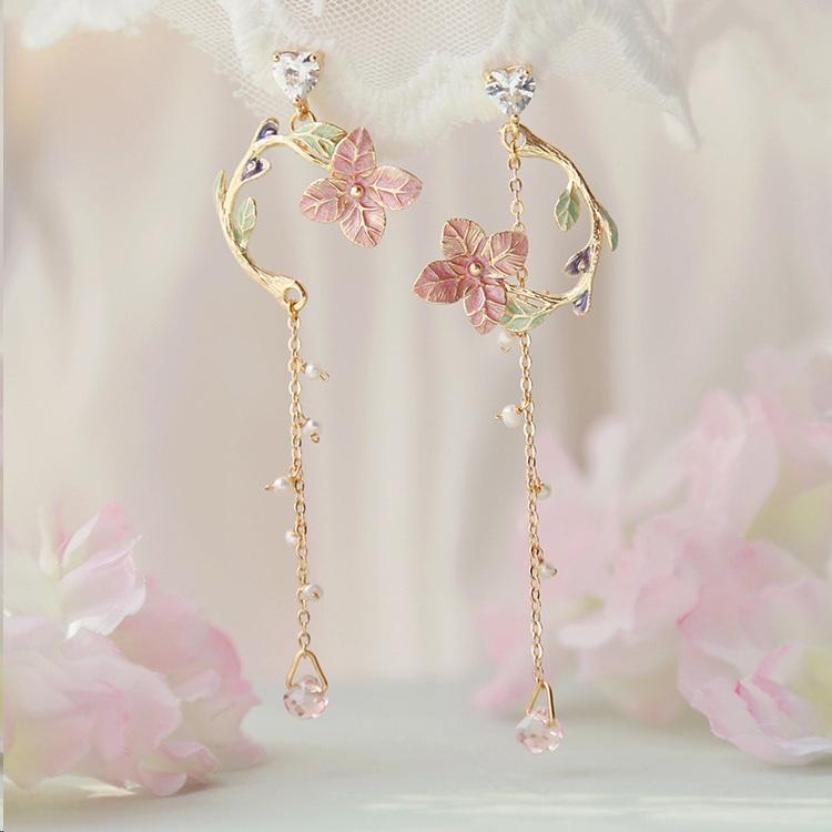 Retro Classic Wine Red Flowers Tassel Earrings For Women Temperament Long Pendant Ear Nail Korean Style Jewelry