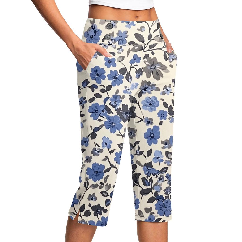 Women's Vintage Floral Print Button Pocket Trousers Slit High Waist Sports Yoga Casual Pants