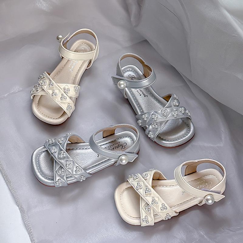 Girls Sandals Sweet Pearls Kids Princess Shoes Ins Trendy Soft Sole 2025 Summer New Children Beach Shoes Open Toes Non-slip Cute
