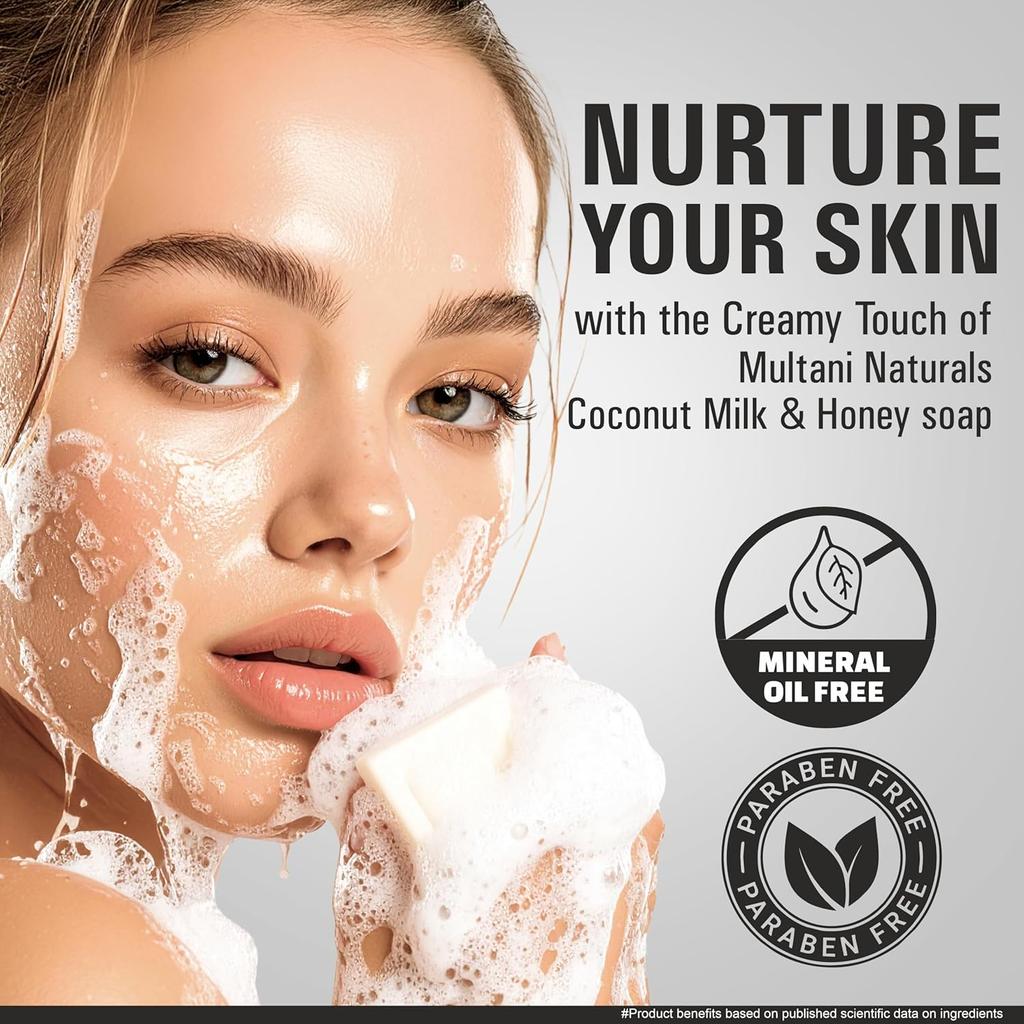 Savon pour le bain Multani Lait de Coco Naturel & Miel Lot de 5 Pièces (125 g Chacun) Savon Hydratant Nettoyant Doux Pour Hommes Femmes