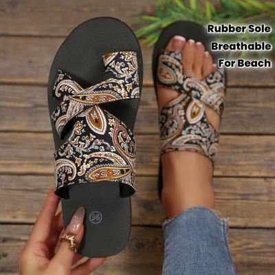 Bohemian Women's Sandals Breathable Slip-on Slides with Colorful Patterns Rubber Sole Flat Heel Beach, Pool, Summer Sandals