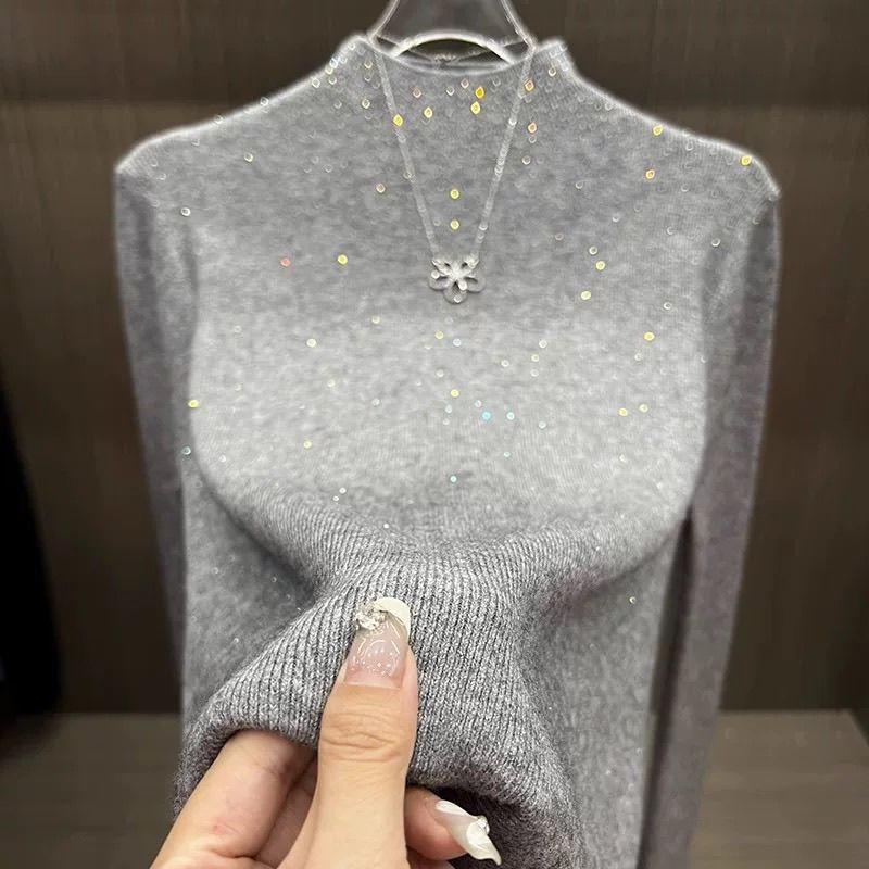 Women's Rhinestone Half-Turtleneck Sweater Autumn Winter Solid Color Knitted Pullover Soft Skin-Friendly Stretchy Knit Top