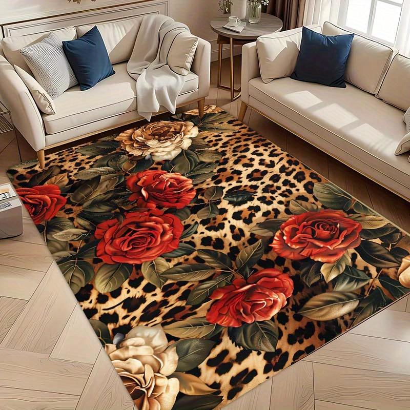 VIKAMA Vintage Leopard Print And Floral Pattern Rug Machine Washable Suitable For Entrances, Living Rooms, Bedrooms Home Decor