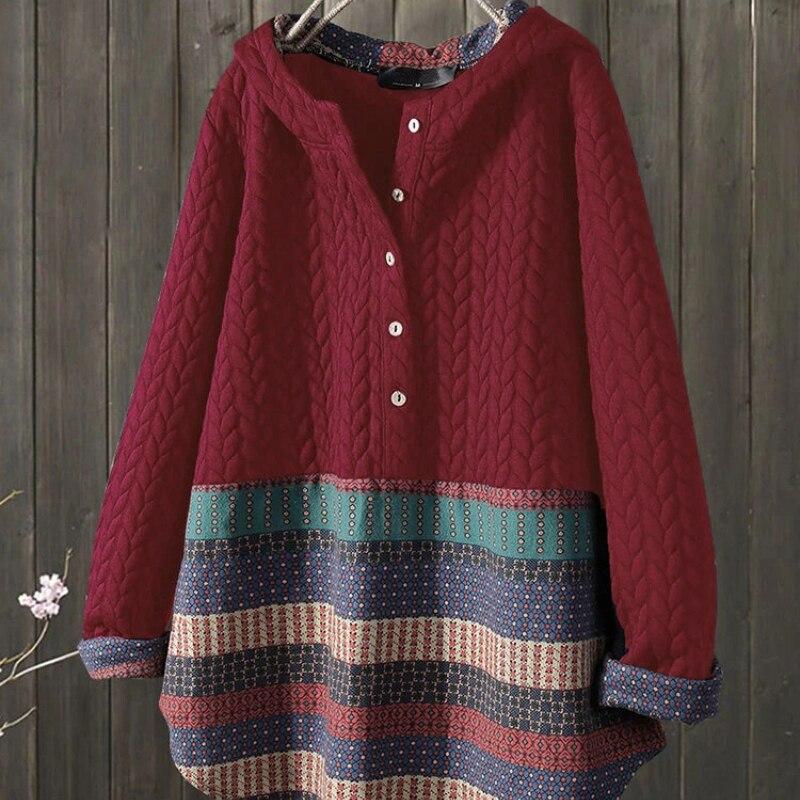 

Осень-зима, винтажные повседневные пуловеры с сращиванием, женский лоскутный свитшот в полоску, пальто, вязаные свитера, женский топ с капюшоном XXXXXL красный