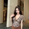 American Retro Deep V-neck Plaid Bow Short-sleeved Slim-fitting Top Women's Summer New Niche Spice Girls T-shirt