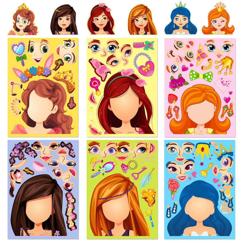 6 Photos/package of Blue Princess Face Swap Cartoon Parent-child Interactive Puzzle Handbook DIY Puzzle Stickers