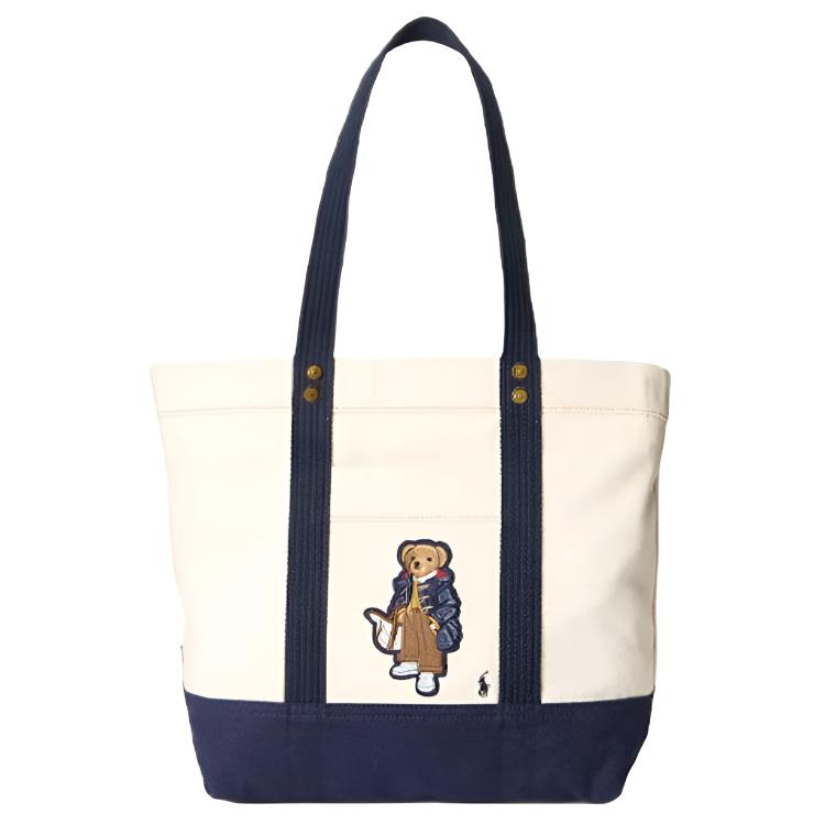 Polo Ralph Lauren Iconic Embroidered Pony Logo Tote Bag Women Tote Bags Natural Blue WAPOBAG0G620350 Natural/Blue,Medium
