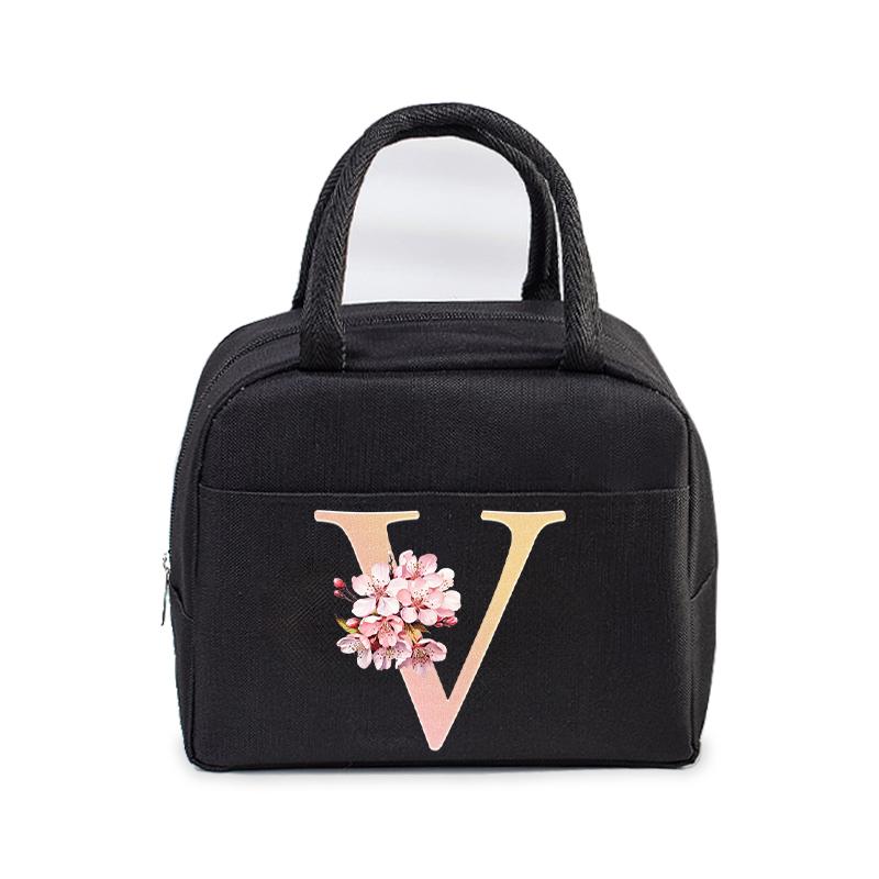 Cherry Blossom Letter N-Z Print Women Men Lunch Bag Fashion Alphabet Portable Insulated Bag School Multifunctional Bento Handbag