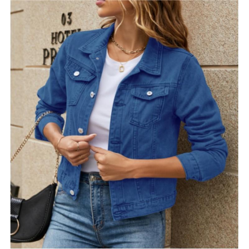 Damen Revers Taschen Einreihig Kurz Denim Jacke Einfarbig Personalisiert Street Jacke