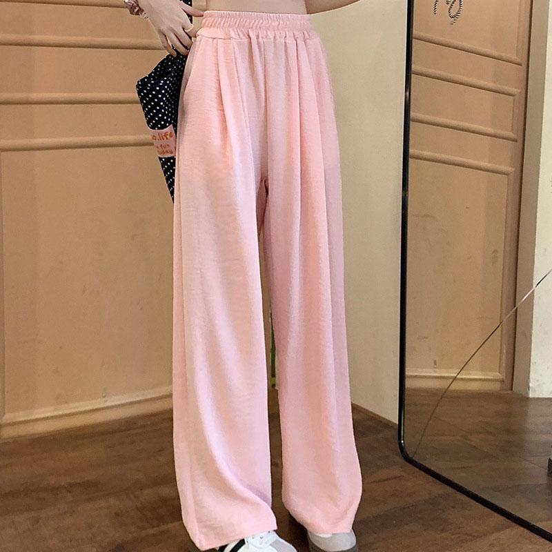 Women Ankle-Length Wide Leg Pants Casual Summer Solid Elastic Waist Loose Ice Silk Pants Spring Summer Female Trousers