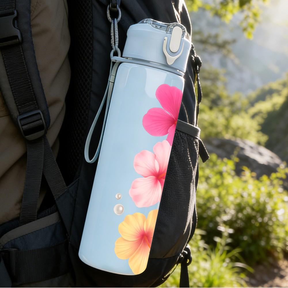 1PC Plumeria Flower Illustration 750ml Color Plastic Sports Water Bottle Leakproof Flip Straw Lid Suitable for Sports Office Home Use