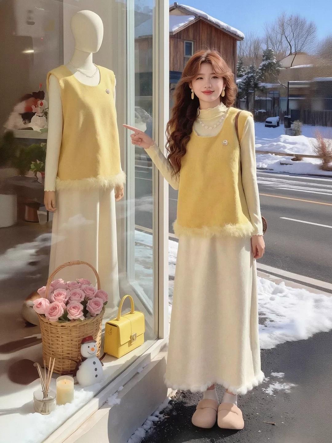 

2026 High-End Women s Autumn/Winter Shirt & Vest Layered Dress Set XXL