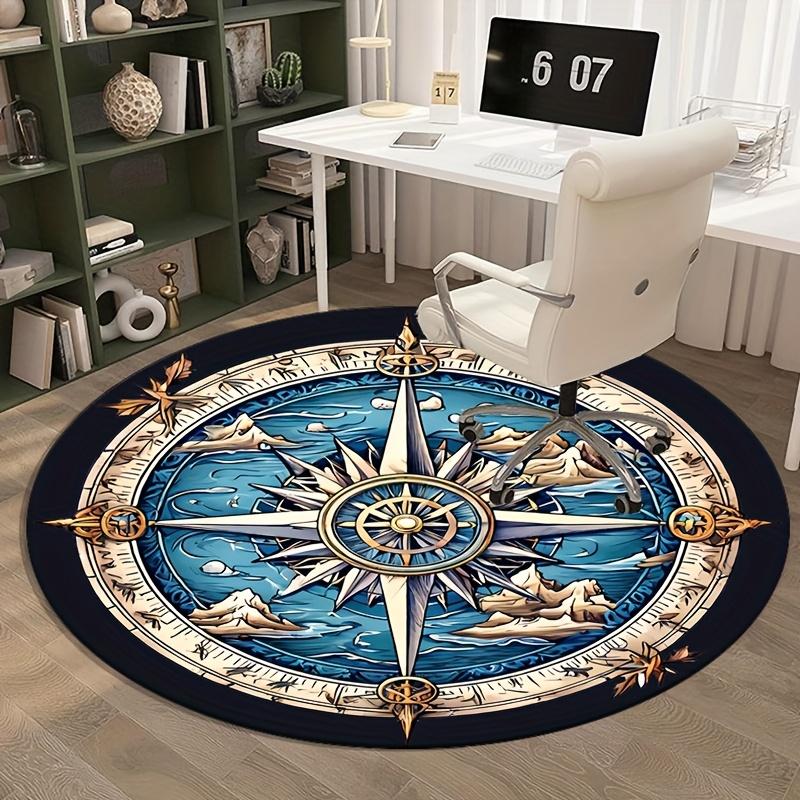 Round Crystal Velvet Rug Compass Design Nautical Ocean Map Floor Mat Home Decor Living Room Bedroom Carpet Artistic Pattern