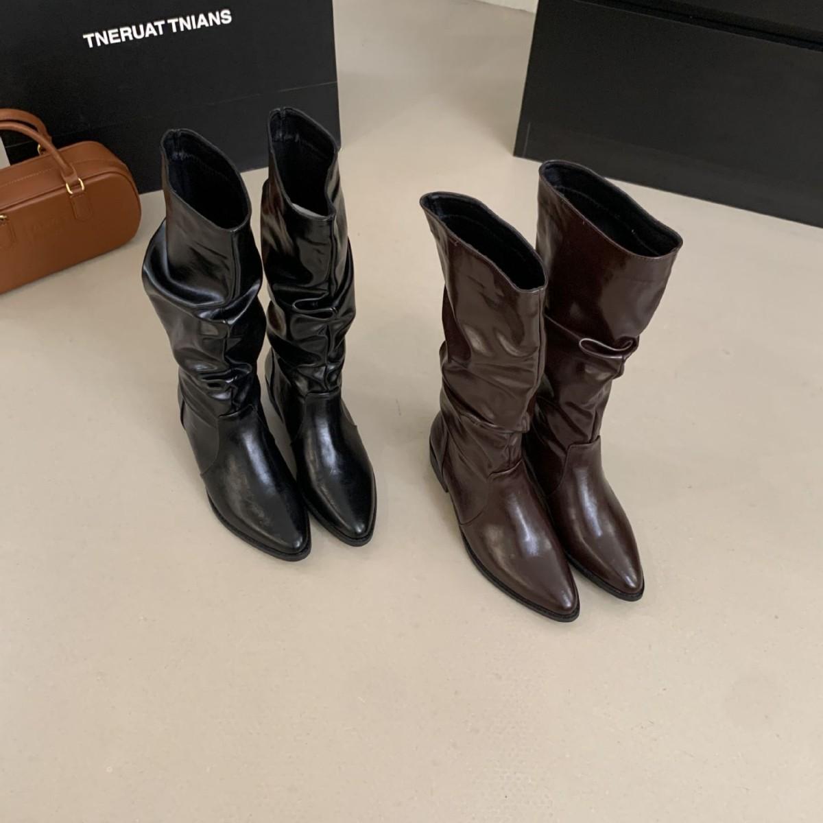 

2025 new pointed pleated piled boots but knee skinny knight women s boots 39 коричневый