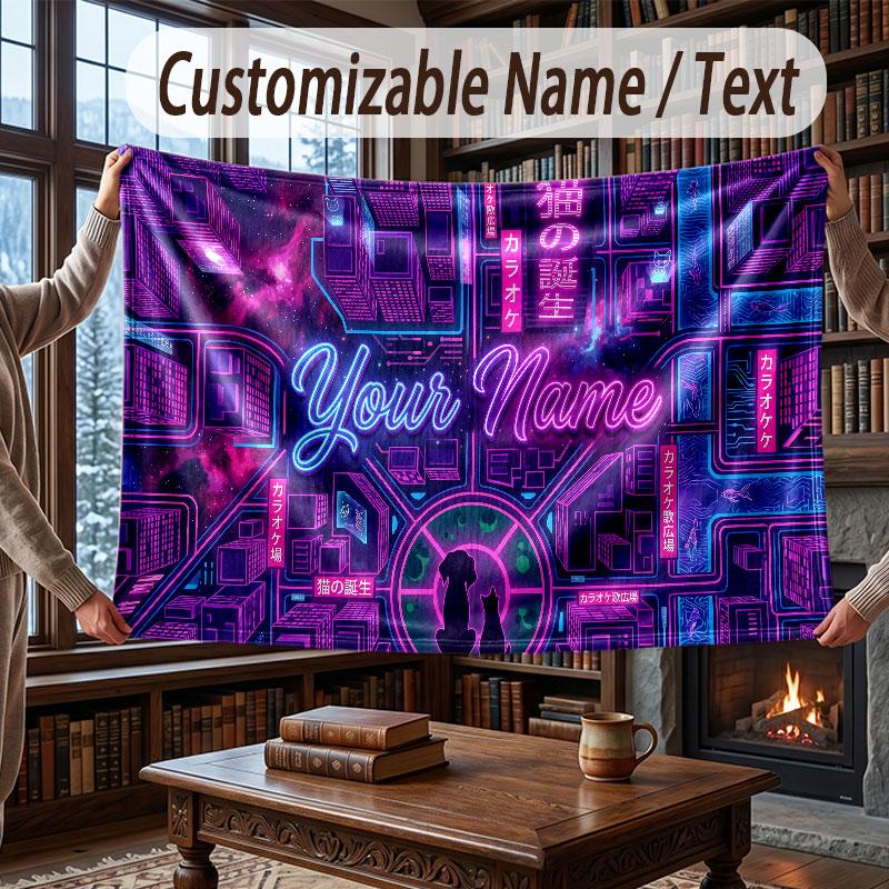 City Cyberpunk Theme Throw Blanket Custom Name Text Personalized Blanket Soft Cozy Blanket for Home Sofa Bed