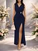 2026 Elegant V-neck Side Slit Pleated Evening Gown with Waist Detail