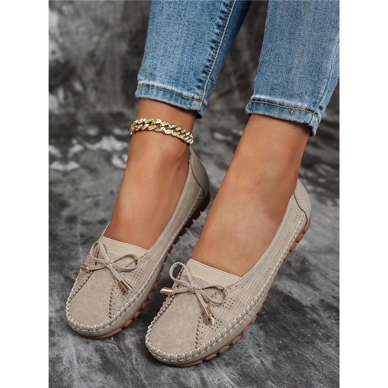Women Bow Decor Flat Loafers Round Toe Slip‑On Shoes Soft PU Casual Moccasins Comfortable Lightweight Walking Shoes For Daily Office Wear