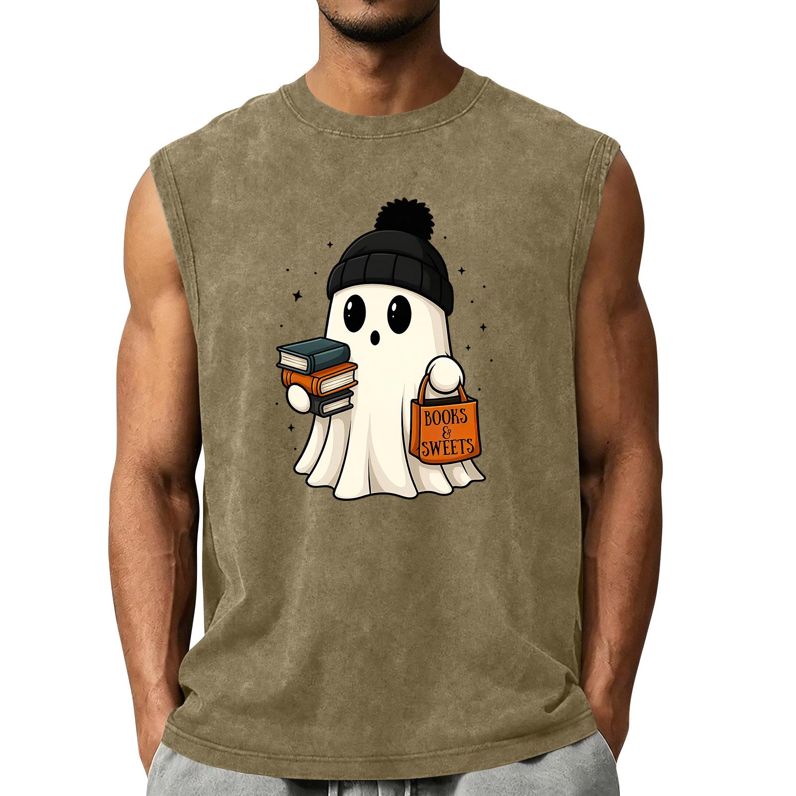 Men s Sleeveless Crew Neck Vintage Style Casual Tank Top Soft Comfortable Fabric Halloween Ghost Print M