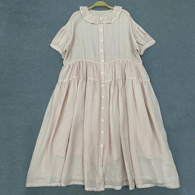 Johnature Japanese Ruffle Neck Dress Women Summer Mori Women Loose Casual Simple Solid Color Dresses