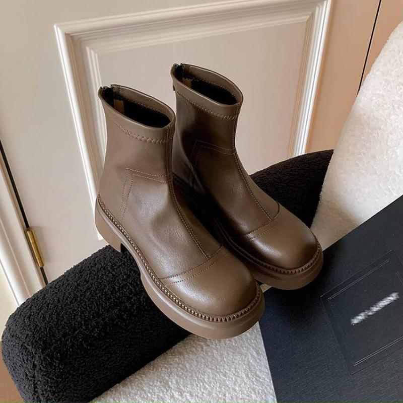 Autumn and winter women's leather boots zipper large size women's boots medium heel non-slip soft sole thick sole low boots cowhide knight boots women