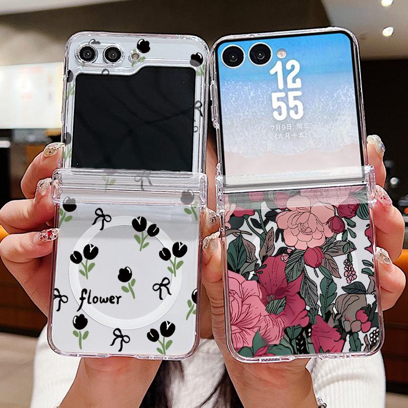 Retro Flowers Black Rose Print Case For Samsung Galaxy Z Flip 8 7 FE 6 5 Z Flip8 Flip7 Flip6 Magnetic Clear Hard PC Folding Phone Cover