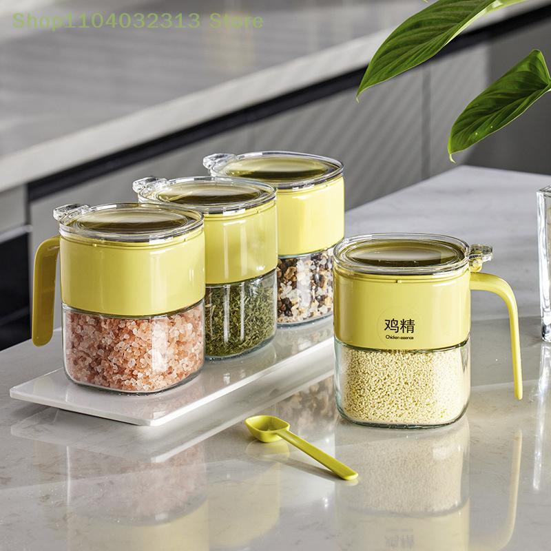 Simple Light Luxury Seasoning Box With Spoon,Food Grade Thickened Lead-free Glass,Transparent Flip Design, Comfortable Handle
