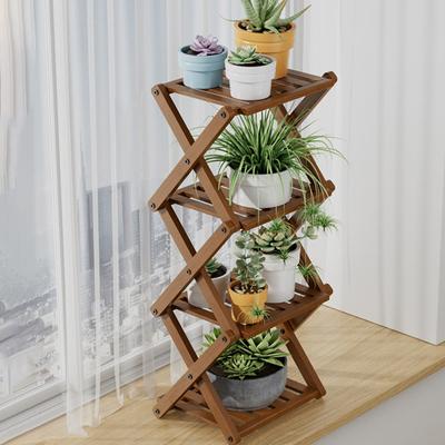 Folding Plant Stand 4-Tier Bamboo Plant Rack Shoe Display Shelf X-Shaped Structure Plant Stand