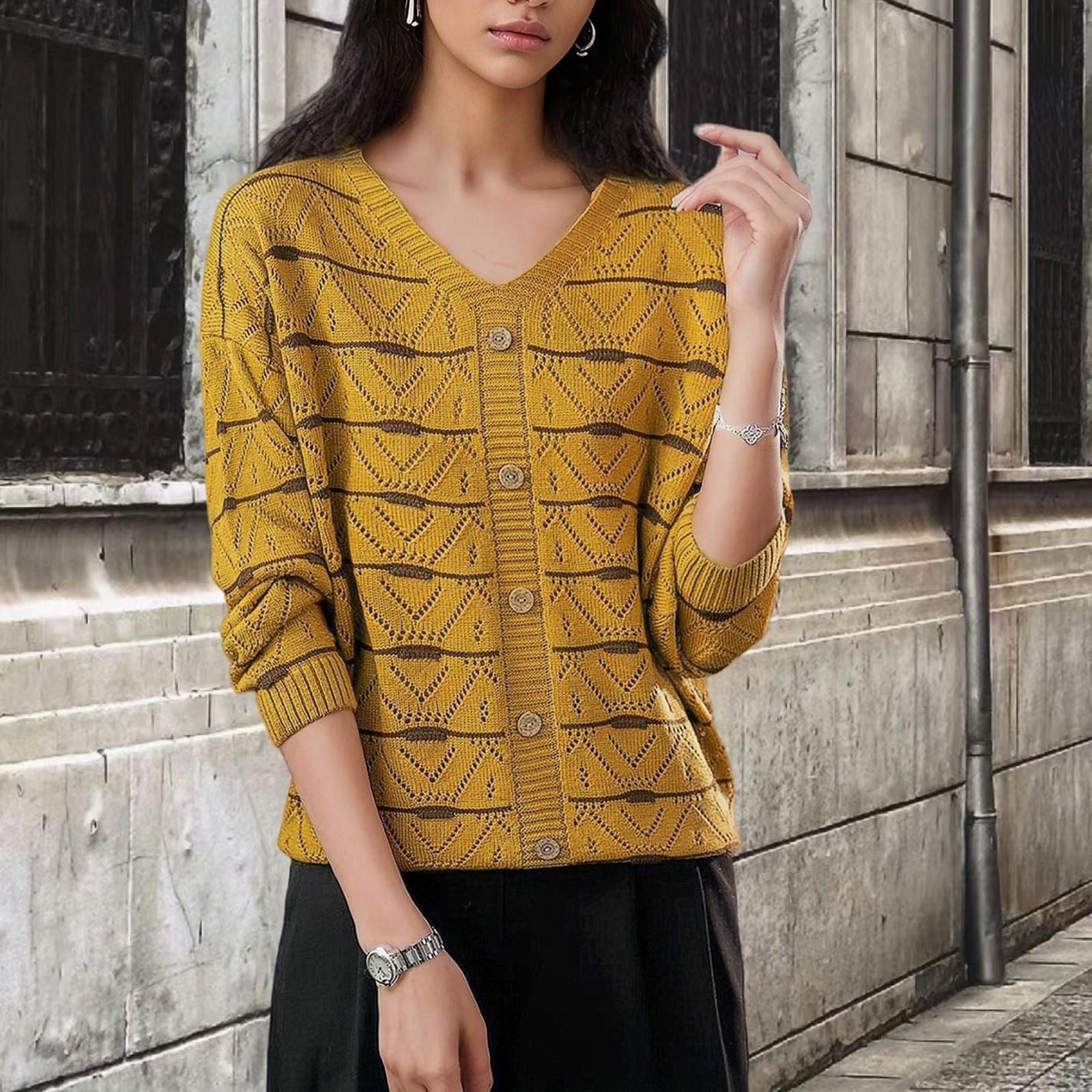 

Женская мода, ажурный полосатый трикотаж, однобортный кардиган S жёлтый