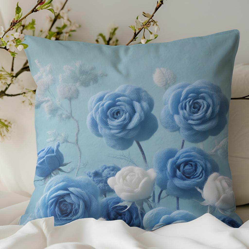 New 3D Imitation Plush Blue Rose Pillowcase Pastoral Home Sofa Cushion Pillowcase Decoration